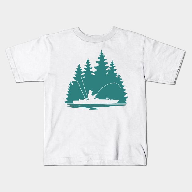 Kayak Fisherman Rural Forest Scene with Aqua Background Kids T-Shirt by SAMMO